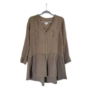 Maeve Anthropologie Green Textured Cotton Tiered V-Neck Peasant Blouse, Size 12P